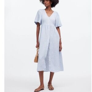 Madewell Cassie Button Front Linen Midi Dress Blue Stripe XS Coastal Vacation‎